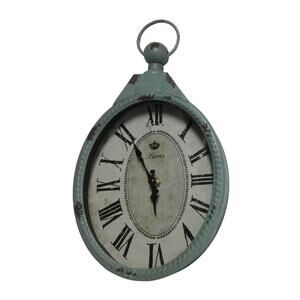 Distressed Duck Egg Blue Oval Paris Metal Wall Clock Battery Oper. Cottage Core
